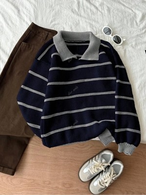 Dier Moda Gri Lacivert Selanik Örgü Polo Yaka Oversize Triko Kazak, Kadın Kazak FMODA101