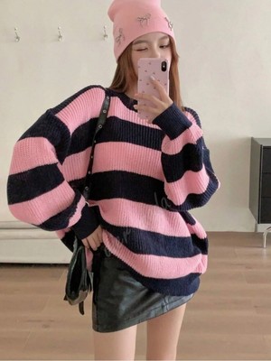 Dier Moda Kadın Kalın Çizgili Tüylenmez Oversize Triko Kazak, Kadın Kazak