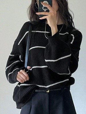 Dier Moda Kadın Ince Çizgili Siyah Over Size Kazak