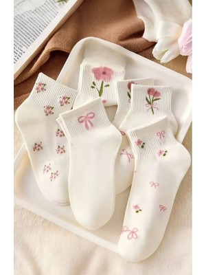 Hitit Socks Dincer Group Kadın 5 Çift Premium Kalite Sarmal Çiçek Desenli Kısa Patik Çorap Bilek Çorabı Beyaz
