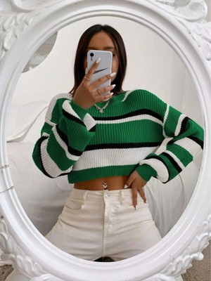 Dier Moda Kalın Çizgili Selanik Örgü Crop Kadın Kazak