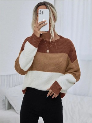 Dier Moda Kadın Oversize Çizgili Triko Kazak, Çizgili Kazak