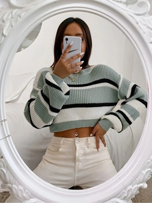 Dier Moda Kalın Çizgili Selanik Örgü Crop Kadın Kazak