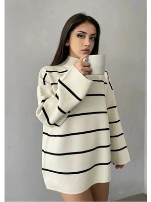 Dier Moda Kadın Beyaz Oversize Çizgili Yarım Balıkçı Yaka Triko Kazak, Çizgili Kazak