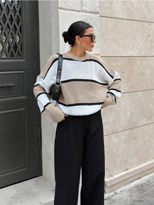 Dier Moda Kadın Çizgili Oversize Bluz Kazak