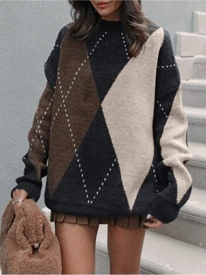 Dier Moda Kahve Baklava Desen Oversize Triko
