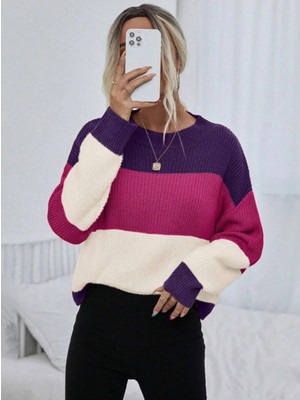 Dier Moda Kadın Oversize Çizgili Triko Kazak, Çizgili Kazak
