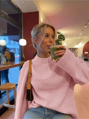 Dier Moda Pembe Bisiklet Yaka Oversize Triko Kazak, Kadın Kazak FMODA1972