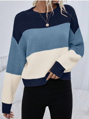 Dier Moda Kadın Oversize Çizgili Triko Kazak, Çizgili Kazak
