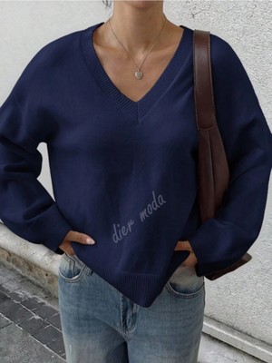 Dier Moda Kadın Lacivert V Yaka Oversize Triko Kazak, Triko Kazak FMODA1970