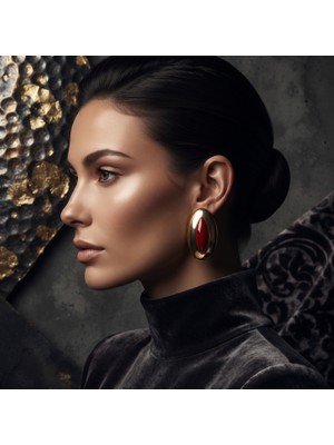 Mysofya Altın Kaplama Gold Detaylı Vişne Renginde Vintage Elips Küpe