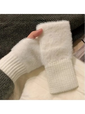 Hitit Socks Kadın 1 Çift Kışlık Parmaksız Termal Esnek Polarlı Peluş Eldiven Beyaz