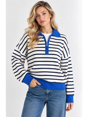 Mevese Oversize Kesim Fermuarlı Polo Yaka Çizgili Triko Kazak - Lacivert-Saks