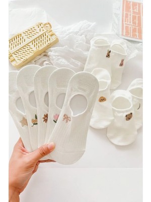 Hitit Socks Kadın 10 Çift Premium Çiçek ve Hayvan Desenli Görünmez Babet Çorap  Beyaz