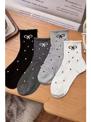 Hitit Socks Kadın 4 Çift Kurdale ve Puantiye Desenli Günlük Kullanıma Uygun Japon Tarzı Kolej Çorap