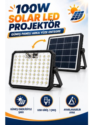 Ellante 100W Solar LED Projektör USB Powerbank Özellikli Şarjlı Kamp Lambası IP65 Su Geçirmez Bahçe ve Acil Durum Aydınlatması