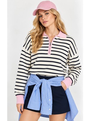 Mevese Oversize Kesim Fermuarlı Polo Yaka Çizgili Triko Kazak - Lacivert-Pembe
