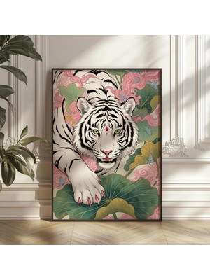 Ninastore Beyaz Kaplan Lotus Duvar Sanatı Baskısı Japon Botanik Kaplan Posteri Zen Asya Dekorasyonu Pembe Çiçek Illüstrasyonu Modern Oturma Odası Sanat Eseri