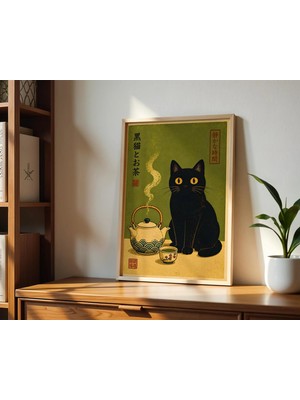 Ninastore Siyah Kedi Çay Baskısı | Japon Kedi Duvar Sanatı | Matcha Çay Posteri | Japon Mutfak Dekorasyonu | Kedi Severler Için Hediye