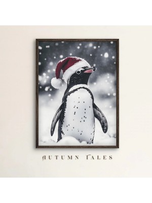 Ninastore Noel Temalı Vintage Penguen Duvar Sanatı, Yazdırılabilir Siyah Beyaz Fotoğraf, Noel Baba Şapkasıyla Karlı Hava, Tatil Duvar Dekoru Için Dijital Poster