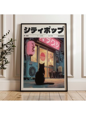 Ninastore Neon Işıklı Japon Dükkanında Oturan Siyah Kedi Y2K Posteri Dijital Poster Indir