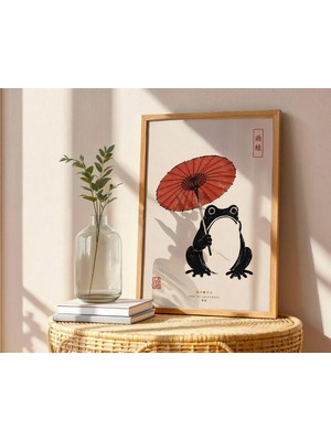 Ninastore Japon Kurbağası Baskısı | Şemsiyeli Kurbağa Duvar Sanatı | Vintage Japon Posteri | Ilginç Kurbağa Sanatı | Japon Dekorasyonu
