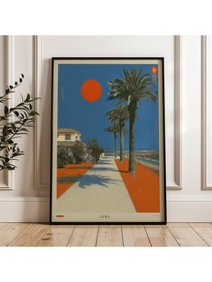 Ninastore Retro Japon Palmiye Ağacı Baskılı Turuncu Mavi Duvar Sanatı (Dijital Indirme)