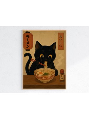 Ninastore Sevimli Siyah Kedi Ramen Baskılı Duvar Sanatı Japon Yemekleri Posteri Kawaii Kedi Erişte Kasesi Dekoru Rahat Anime Tarzı Baskı Dijital Indirme