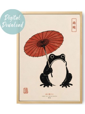 Ninastore Japon Kurbağası Baskısı | Şemsiyeli Kurbağa Duvar Sanatı | Japon Sanat Posteri | Ilginç Kurbağa Dekorasyonu | Dijital Indirme
