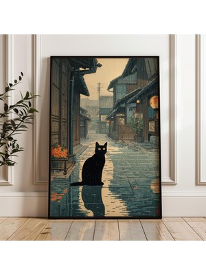 Ninastore Ukiyo-E Tarzında Siyah Kedi Japon Sokak Posteri Dijital Indirme