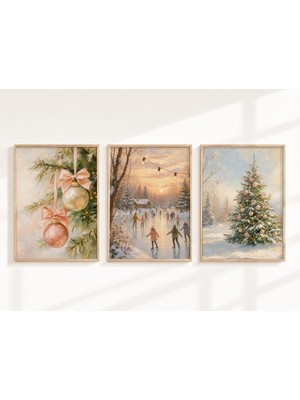 Ninastore Vintage Noel Gün Batımı Duvar Sanatı Seti (3 Parça) Sıcak Altın Pembe Kır Evi (Dijital Indirme) 401
