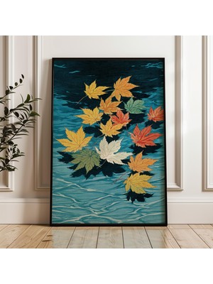 Ninastore Su Üzerindeki Sonbahar Yaprakları Vintage Japon Ahşap Baskı Dijital Poster Indir