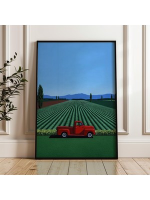 Ninastore Hiroshi Nagai'nin Japon Şehir Popu Tarzındaki, Tarlada Bulunan Eski Model Kırmızı Kamyonlu Dijital Posteri (Dijital Indirilebilir)