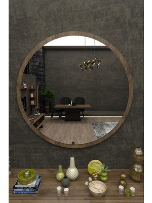 İkizler Çeyiz Merlin Dekoratif Konsol Aynası Yuvarlak Ahşap Çerçeve Ceviz Renk 60 cm
