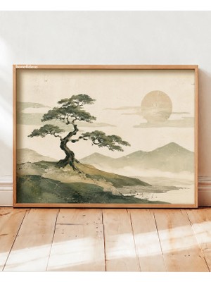 Ninastore Wabi Sabi Ağaç Duvar Sanatı Japon Yeşil Manzara Baskısı Japandi Ahşap Baskı Poster Zen Minimalist Dekor