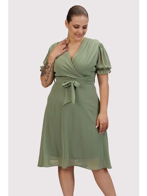 Apsen Collection Apsen  Kadın Fıstık Yeşili Kruvaze Yaka Kuşaklı Büyük Beden Midi Boy Şifon Elbise 4255-110