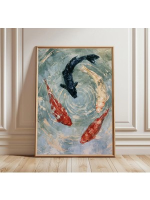 Ninastore Koi Balığı Suluboya Baskı | Japon Göleti Duvar Sanatı | Minimalist Doğa Dekorasyonu