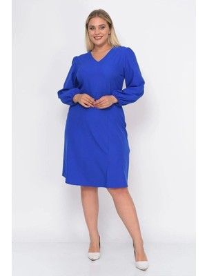 Apsen Collection Apsen Kadın Saks Büyük Beden Yırtmaç Detaylı V Yaka Midi Krep Elbise 4479/110
