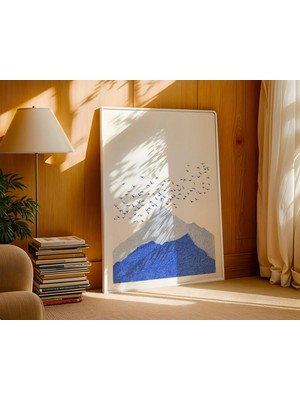 Ninastore Açık Mavi Dağ Baskılı Japon Esintili Duvar Sanatı | Kuşlu Minimalist Dağ Dekorasyonu | Çerçevesiz Modern Doğa Manzarası Posteri