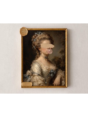Ninastore Barok Kontes Sakız Şekeri Portresi Baskısı Rokoko Inci Saten Elbiseli ve Mavi Kurdeleli Hanımefendi