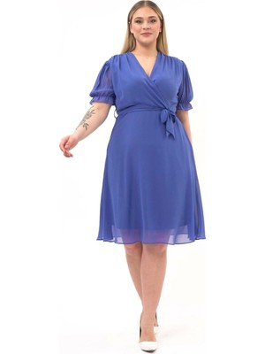 Apsen Collection Apsen Kadın Indigo Kruvaze Yaka Kuşa Klı Büyük Beden Midi Boy Şifon Elbise 4255-110