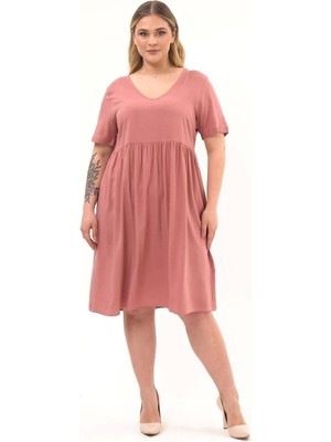 Apsen Collection Apsen Kadın Gül Kurusu Büzgü Detaylı midi Yazlık büyük Beden Elbise 4424-105