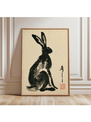 Ninastore Japon Tavşanı Mürekkep Yıkama Resmi | Sumi E Tavşan Duvar Sanatı | Minimalist Hayvan Dekorasyonu
