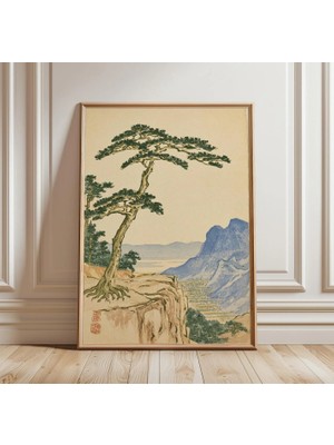 Ninastore Japon Çam Ağacı Baskısı | Vintage Dağ Manzarası Duvar Sanatı | Asya Doğası Posteri | Huzurlu Manzara Dekorasyonu
