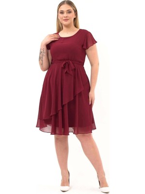 Apsen Collection Apsen Kadın Bordo Volan Detaylı Midi Büyük Beden Şifon Elbise 4337-110