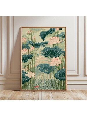 Ninastore Lotus Göleti Duvar Sanatı | Japon Çiçek Posteri | Botanik Illüstrasyon Baskısı | Doğa Temalı Ev Dekorasyonu