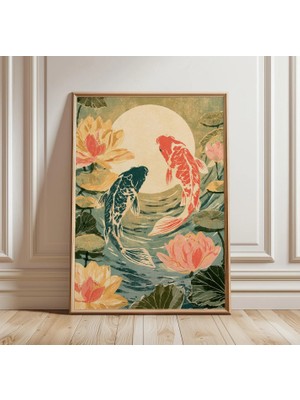 Ninastore Japon Koi Balığı Baskısı | Lotus Göleti Duvar Sanatı | Asya Su Bahçesi Posteri