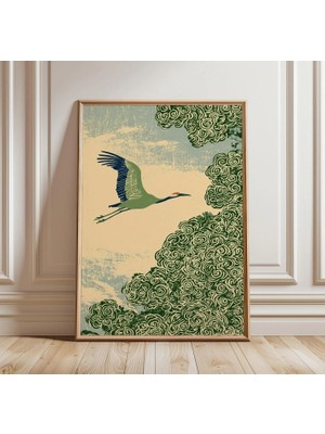 Ninastore Japon Turna Kuşu Baskısı | Vintage Ahşap Baskı Tarzı Hayvan Duvar Sanatı | Doğa Dekorasyonu