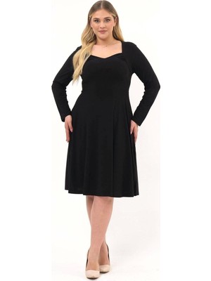 Apsen Collection Apsen Kadın Siyah Beşgen Yaka Uzun Kol Detaylı Midi Örme Elbise 4464/110