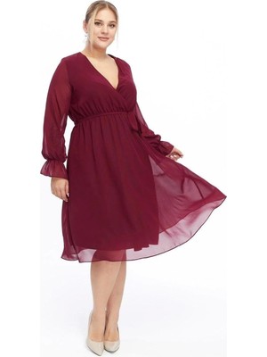 Apsen Collection Apsen Kadın Bordo Kruvaze Kuşaklı Büyük Beden Uzun Kol Şifon Elbise 4450-110